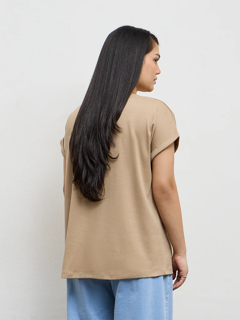 Gia Beige Floral Design Cotton T-Shirt - Image 4