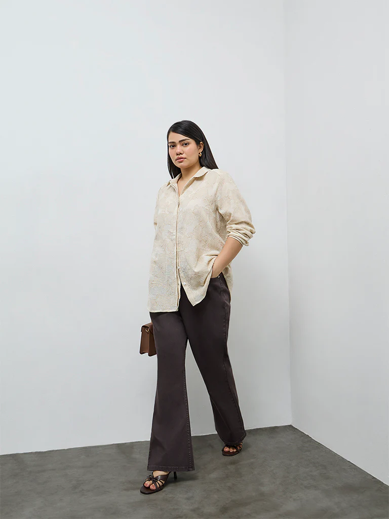Gia Beige Floral Embroidered Cotton Shirt - Image 2