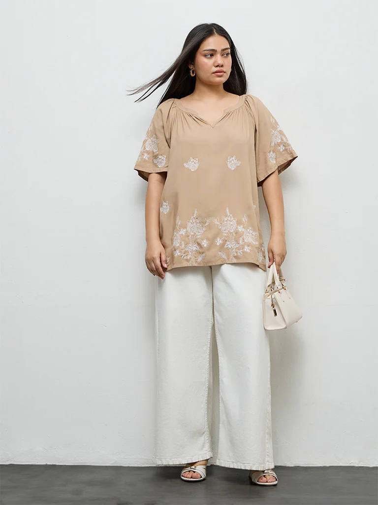 Gia Beige Floral Embroidered Top - Image 2