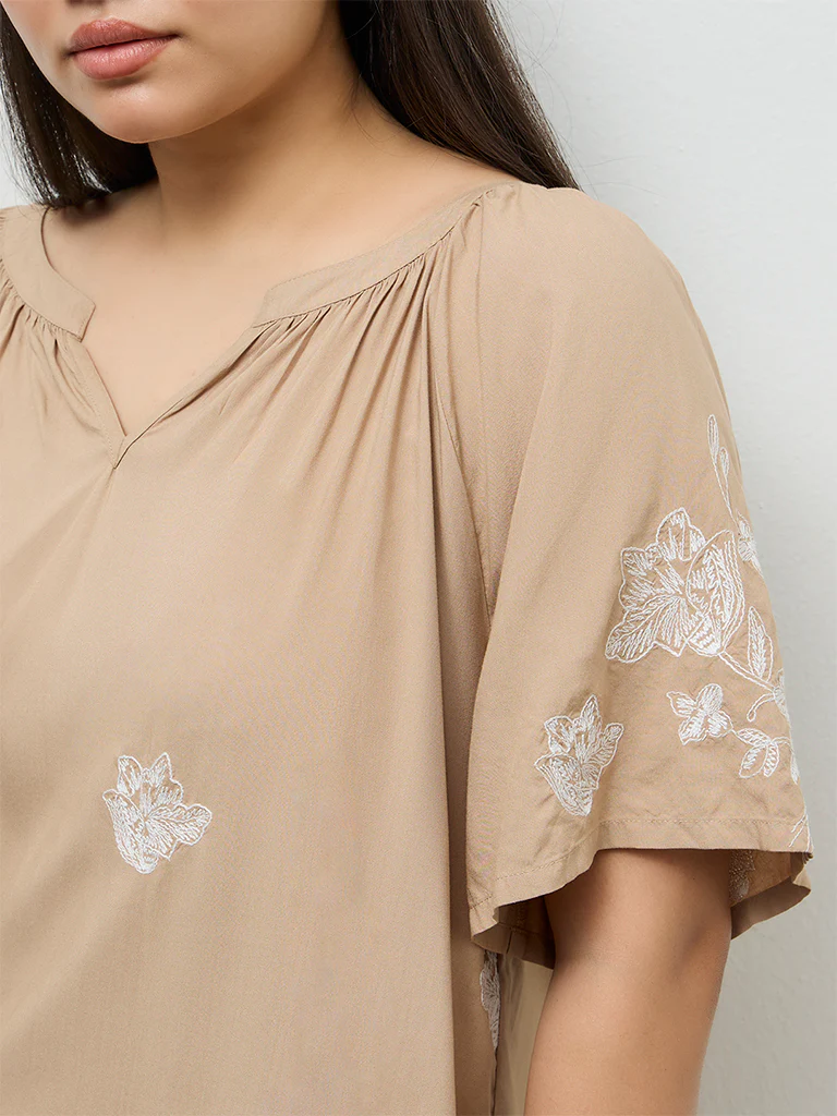 Gia Beige Floral Embroidered Top - Image 3