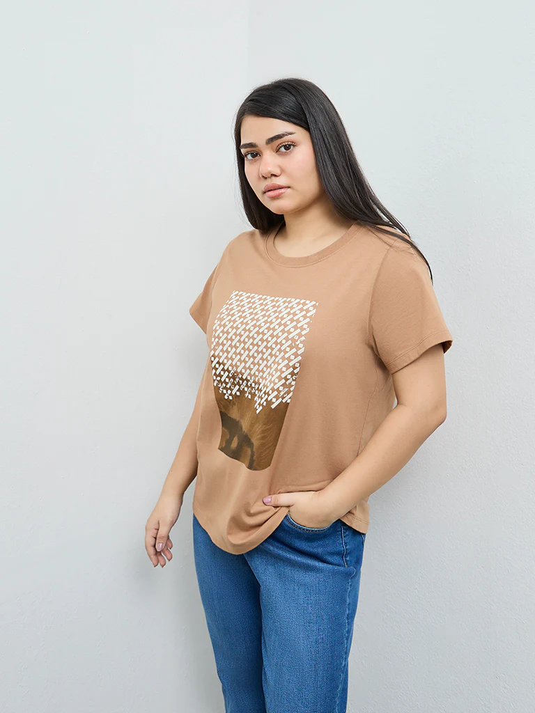 Gia Beige Graphic Printed Cotton T-Shirt - Image 2