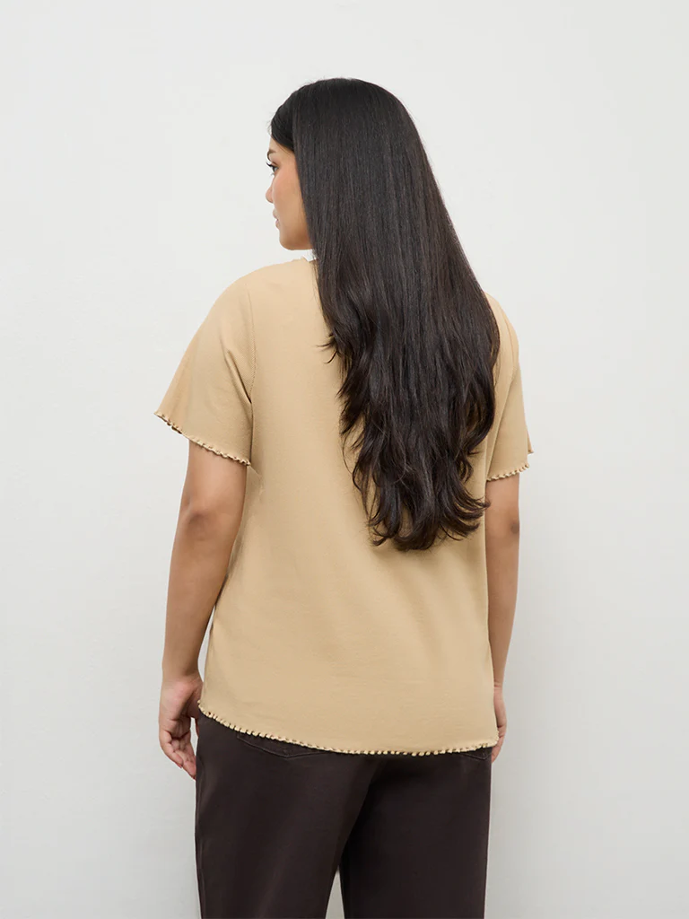 Gia Beige Ribbed-Textured Cotton-Blend T-Shirt - Image 4