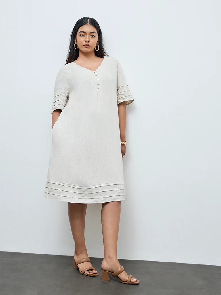 Gia Beige Solid A-Line Dress - Image 2