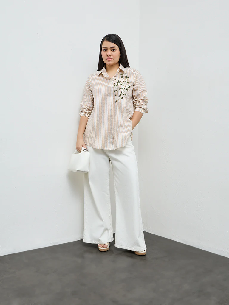 Gia Beige Striped Cotton Shirt - Image 2