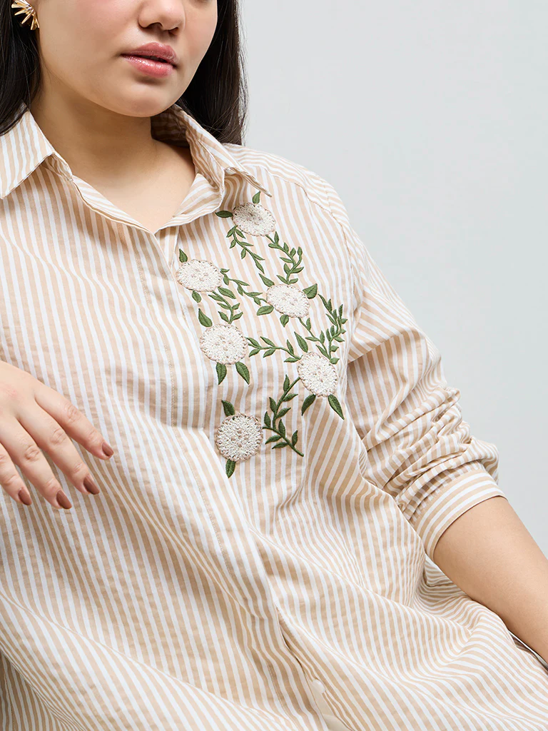 Gia Beige Striped Cotton Shirt - Image 3