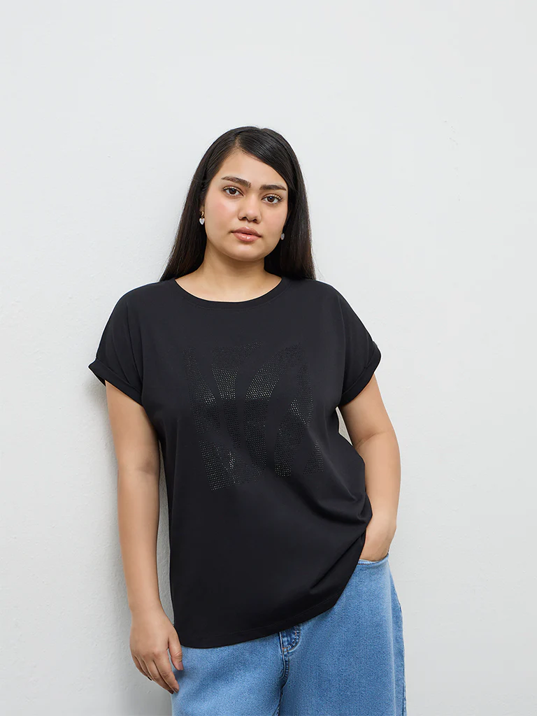 Gia Black Embellished Cotton T-Shirt - Image 2