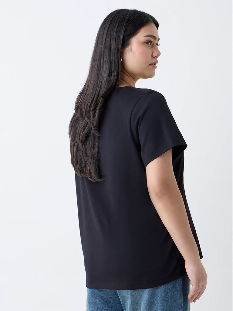 Gia Black Floral Design Cotton T-Shirt - Image 4