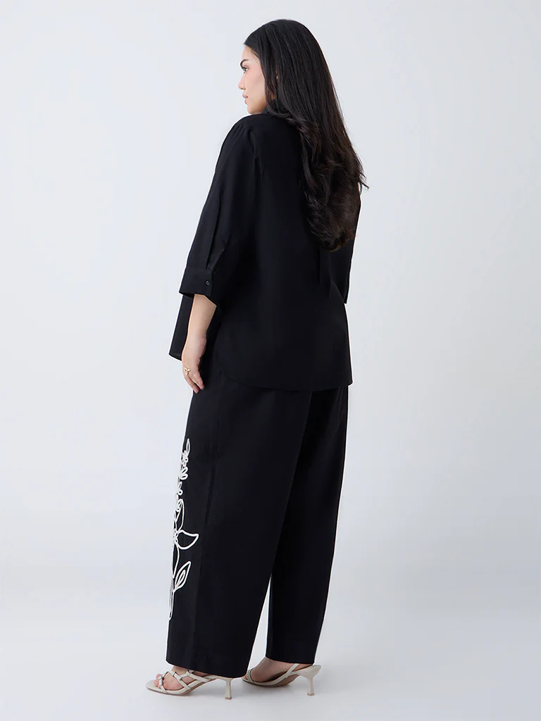 Gia Black Floral Embroidered Cotton-Blend Trousers - Image 4