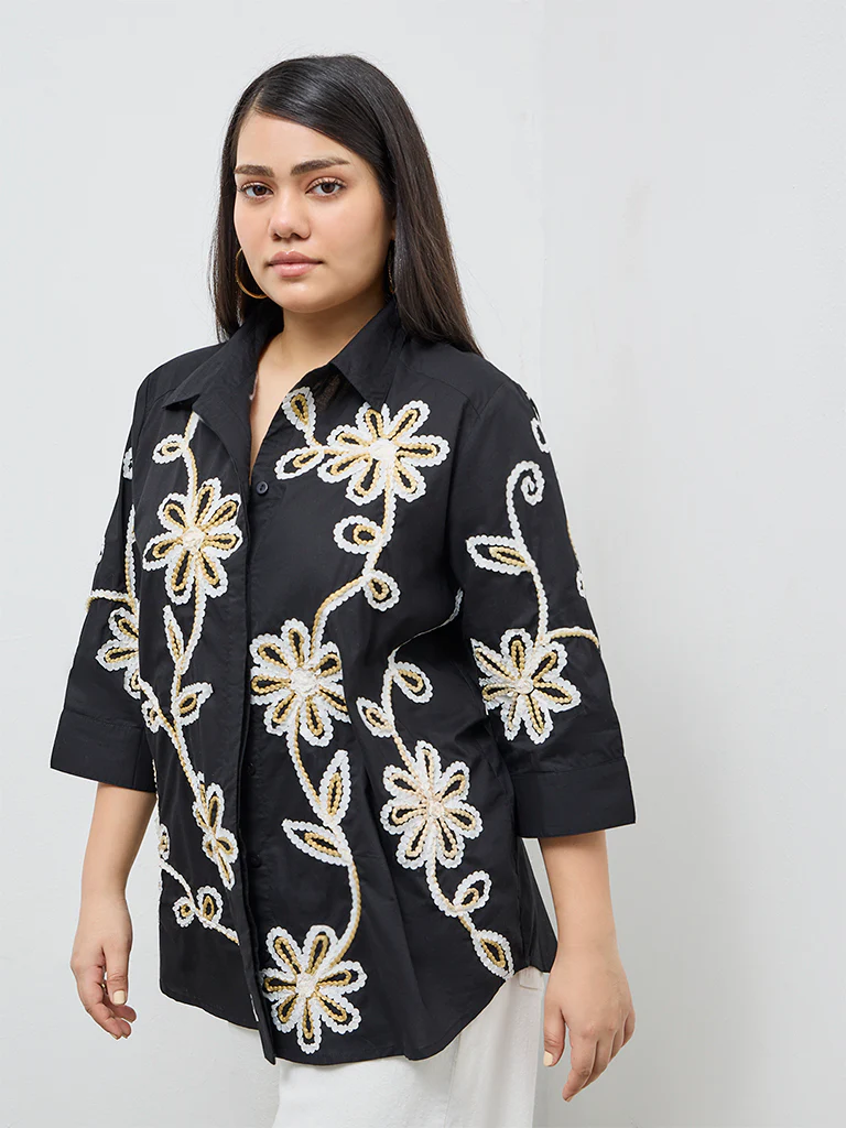 Gia Black Floral Embroidered Cotton Shirt - Image 2
