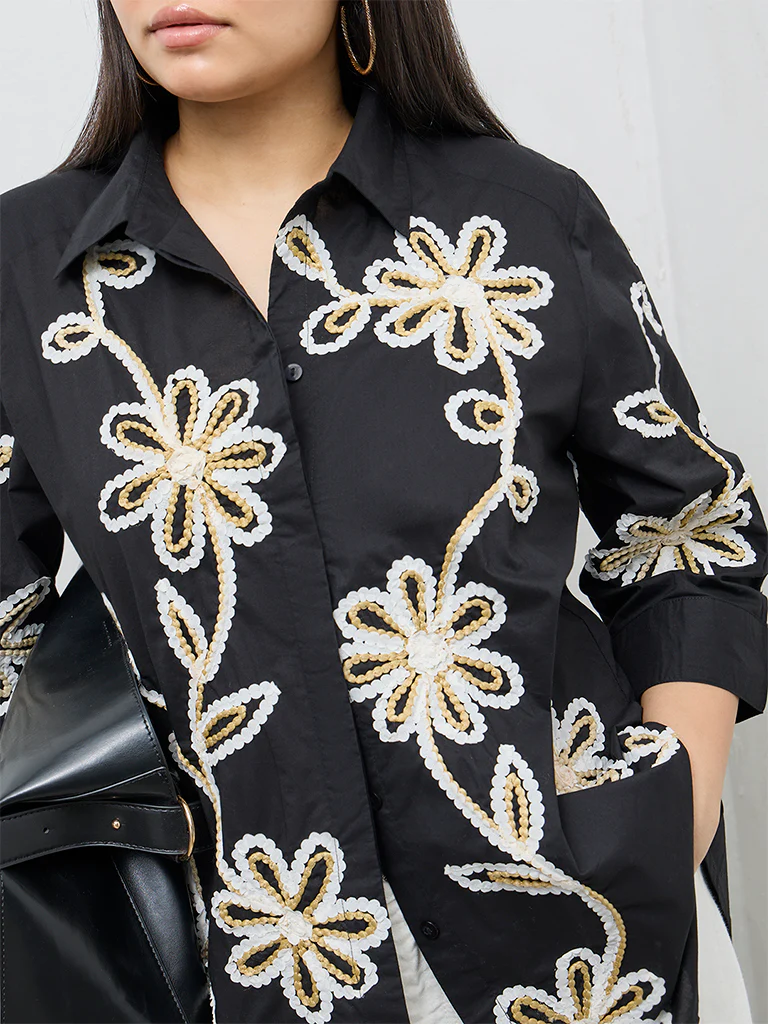 Gia Black Floral Embroidered Cotton Shirt - Image 3