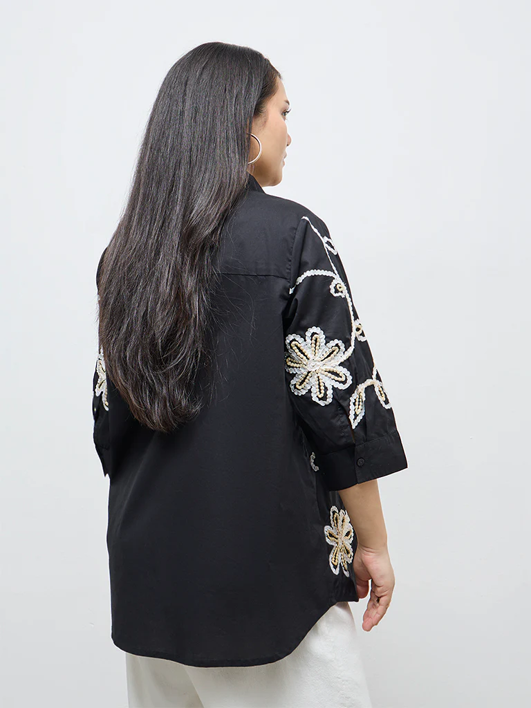 Gia Black Floral Embroidered Cotton Shirt - Image 4