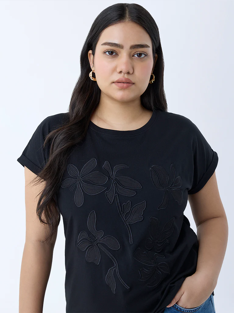 Gia Black Floral Embroidered Cotton T-Shirt - Image 3