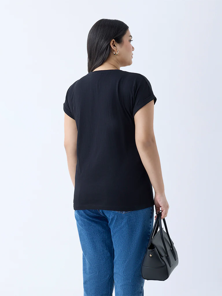 Gia Black Floral Embroidered Cotton T-Shirt - Image 4