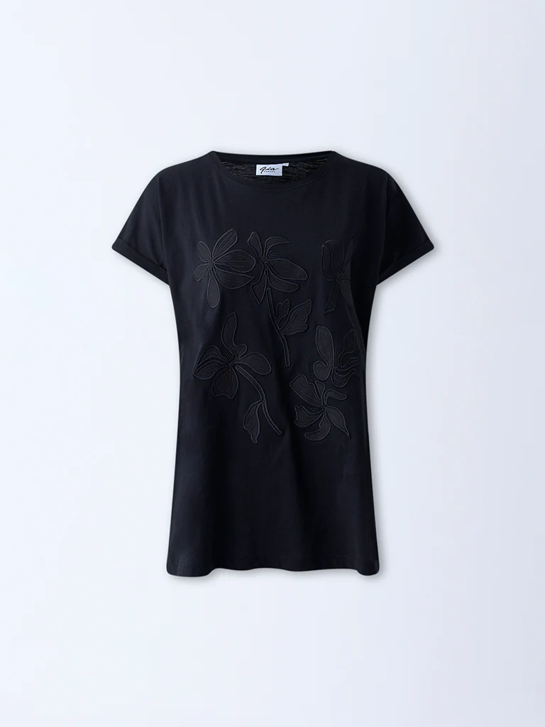 Gia Black Floral Embroidered Cotton T-Shirt - Image 5