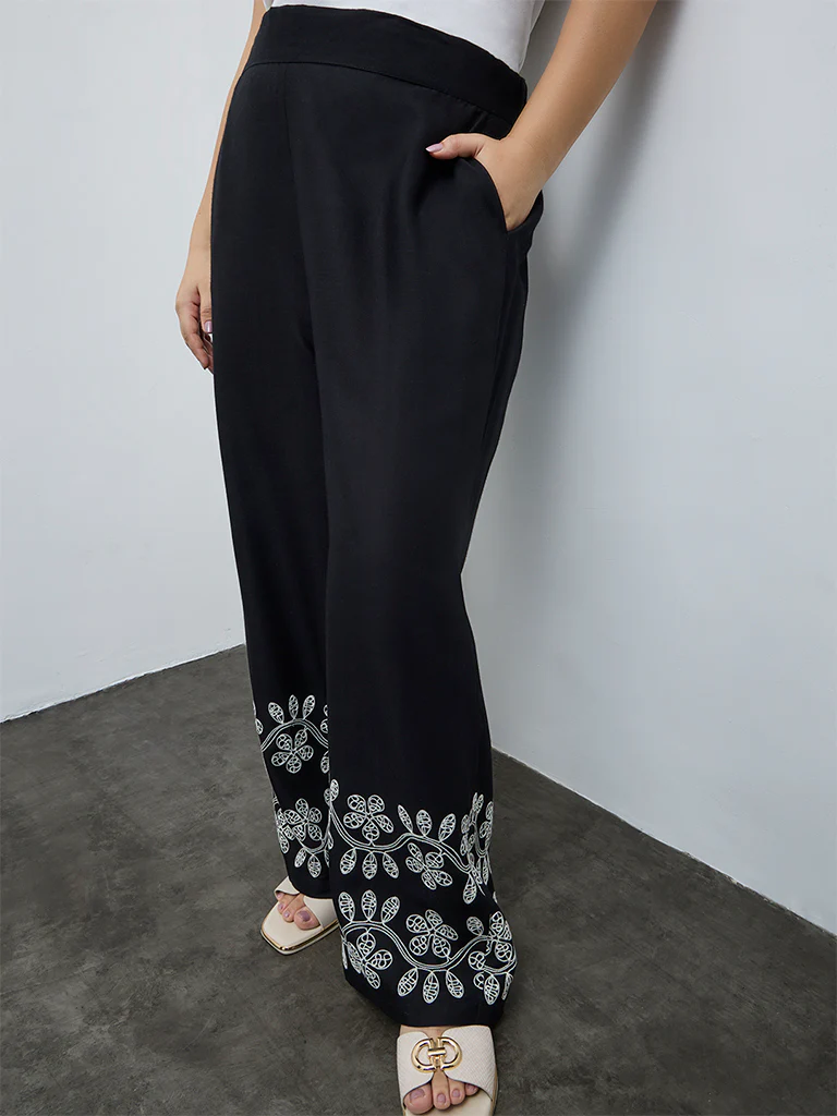 Gia Black Floral Embroidered High-Rise Pants - Image 2