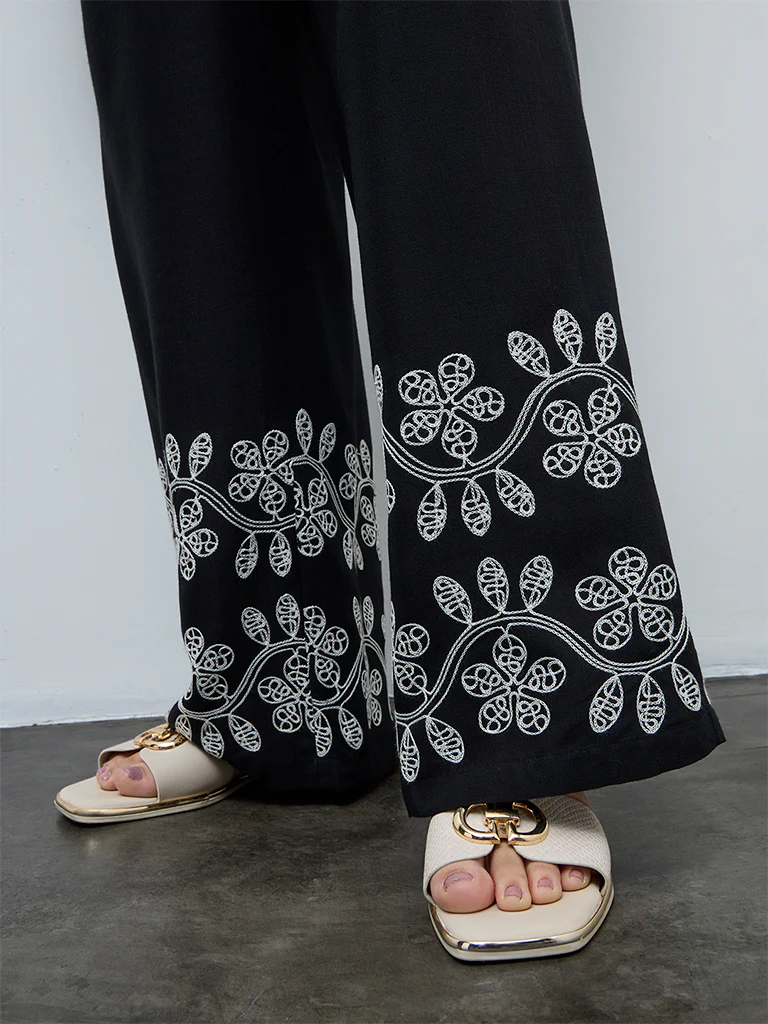 Gia Black Floral Embroidered High-Rise Pants - Image 3