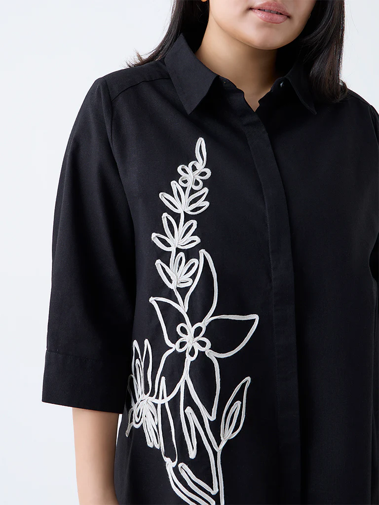 Gia Black Floral Embroidered Linen-Blend Shirt - Image 3