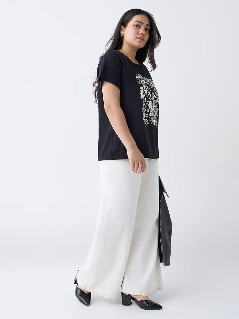 Gia Black Foliage Design Cotton T-Shirt - Image 2