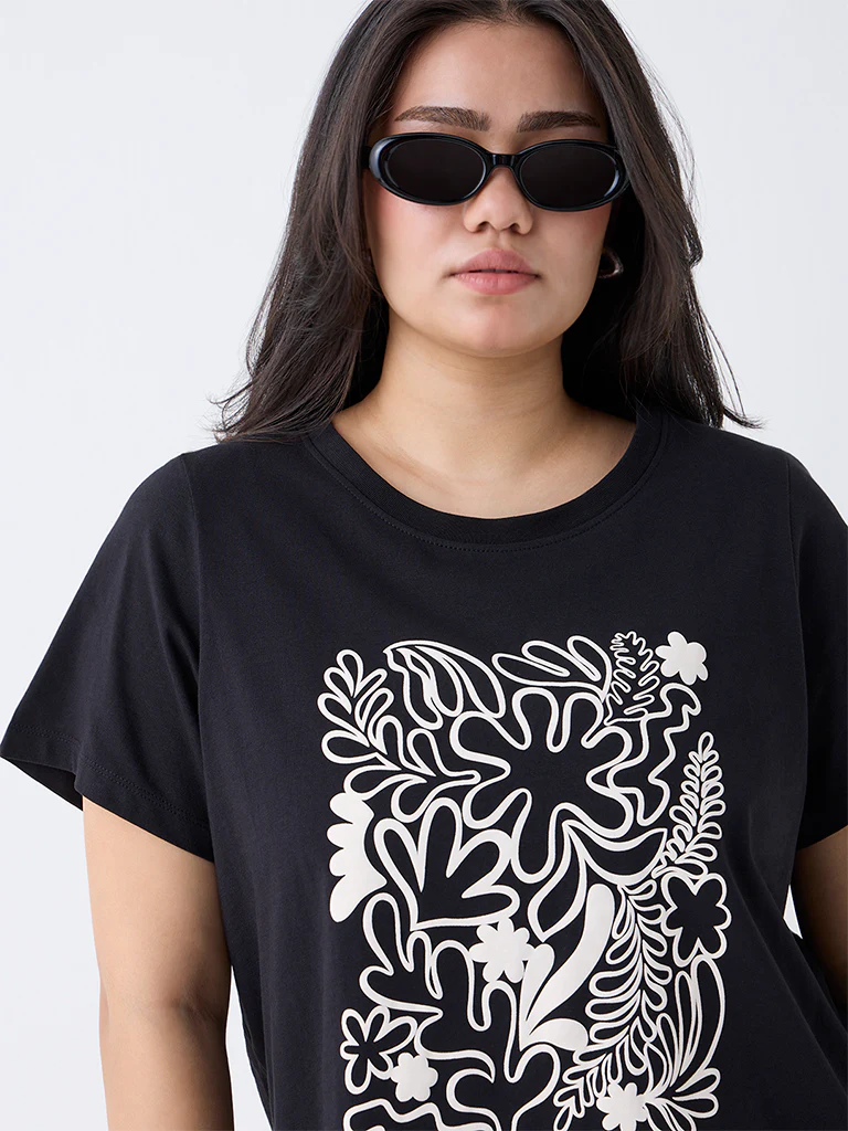 Gia Black Foliage Design Cotton T-Shirt - Image 3