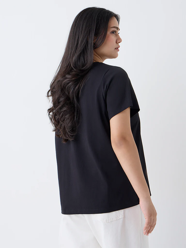 Gia Black Foliage Design Cotton T-Shirt - Image 4