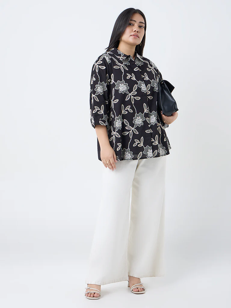 Gia Black Foliage Embroidered Cotton Blouse - Image 2