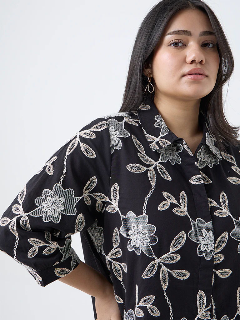 Gia Black Foliage Embroidered Cotton Blouse - Image 3