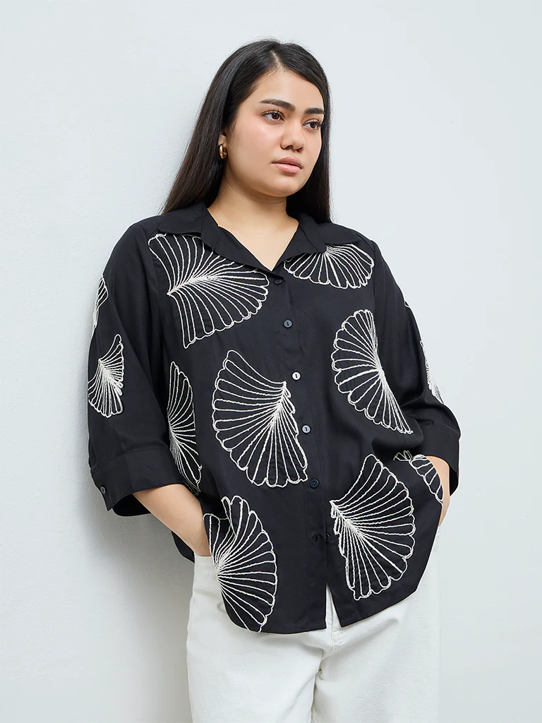 Gia Black Foliage Embroidered Shirt