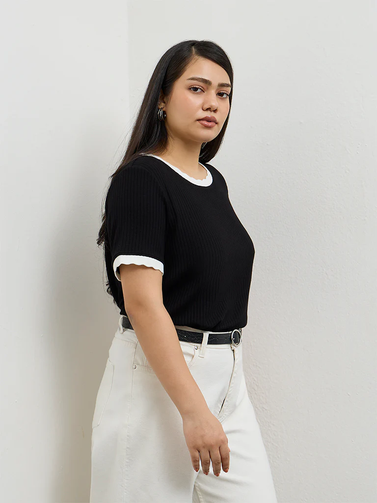 Gia Black Ribbed T-Shirt - Image 2
