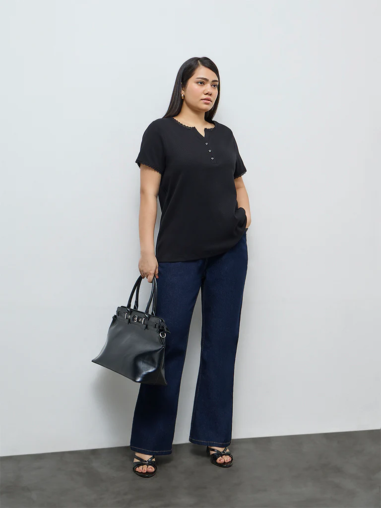 Gia Black Ribbed-Textured Cotton-Blend T-Shirt - Image 2