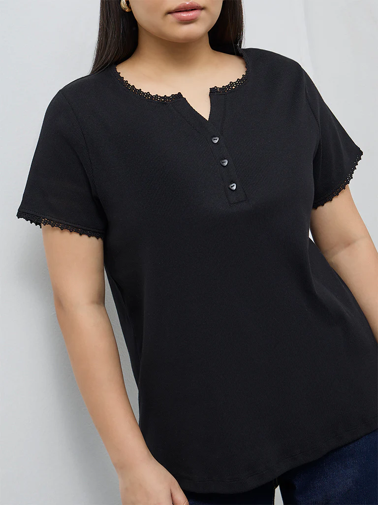 Gia Black Ribbed-Textured Cotton-Blend T-Shirt - Image 3
