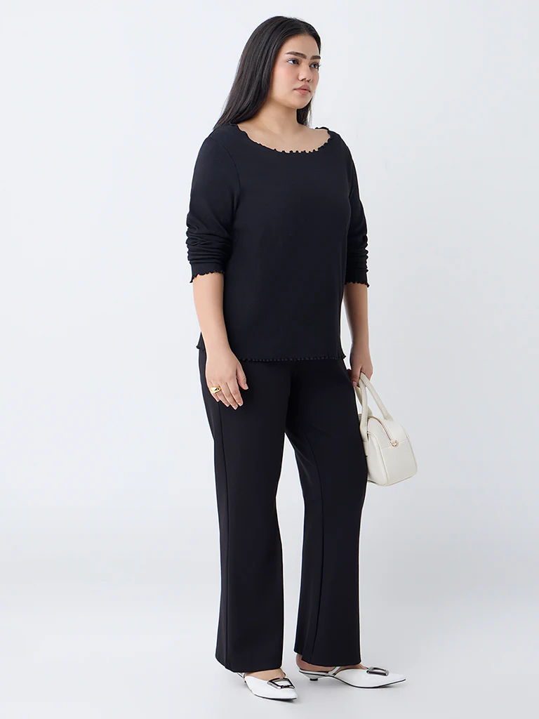 Gia Black Ribbed-Textured T-Shirt - Image 2
