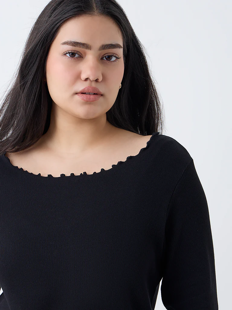 Gia Black Ribbed-Textured T-Shirt - Image 3
