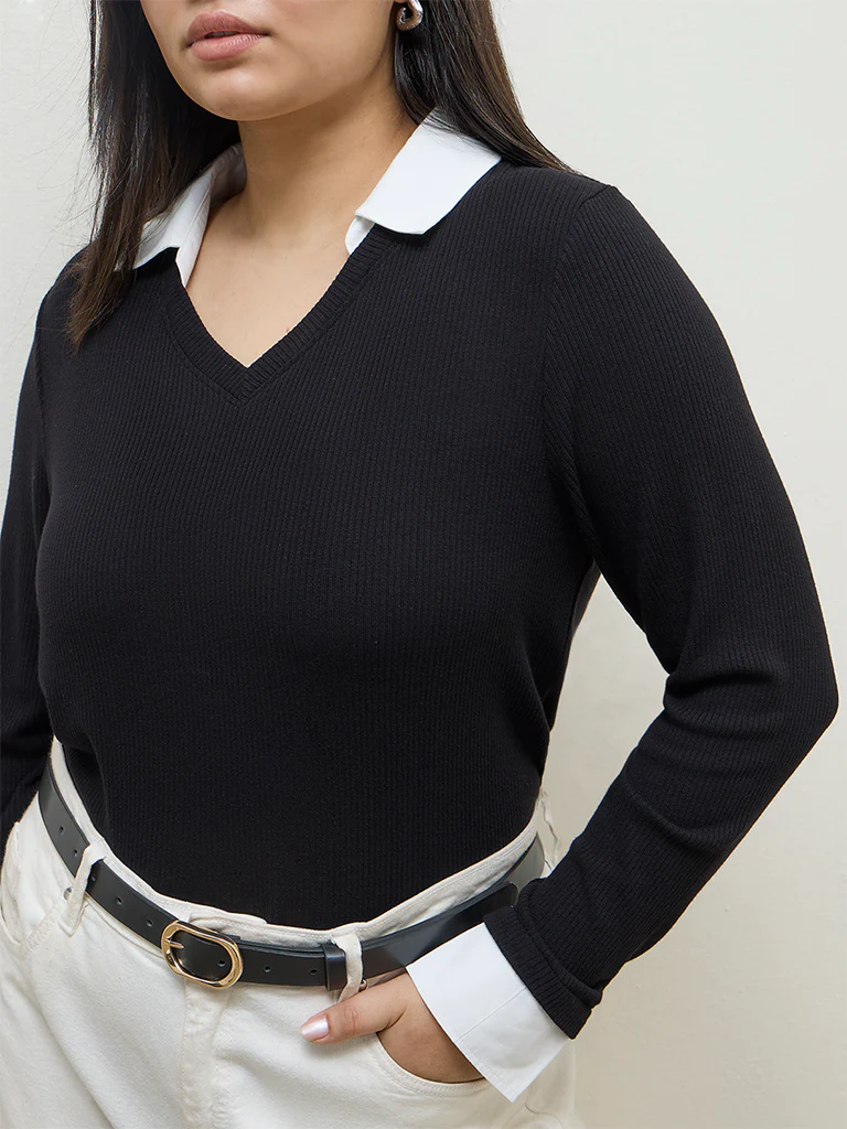 Gia Black Ribbed-Textured T-Shirt - Image 3