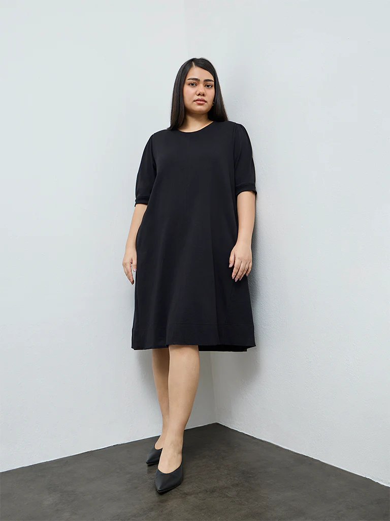 Gia Black Solid A-Line Cotton Dress