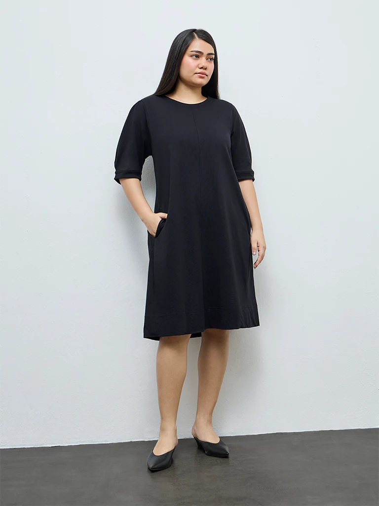 Gia Black Solid A-Line Cotton Dress - Image 3