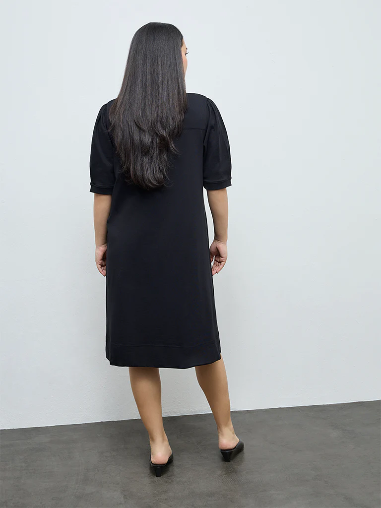 Gia Black Solid A-Line Cotton Dress - Image 4