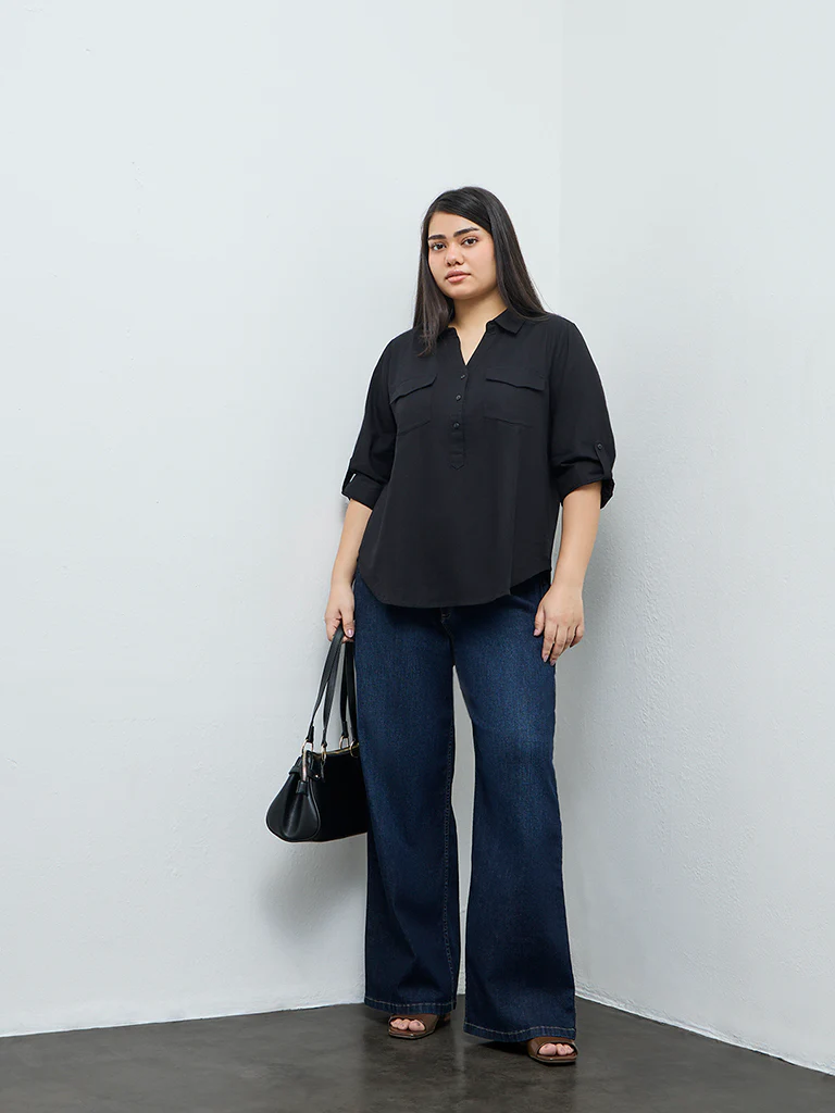 Gia Black Solid Cotton-Blend Blouse - Image 2