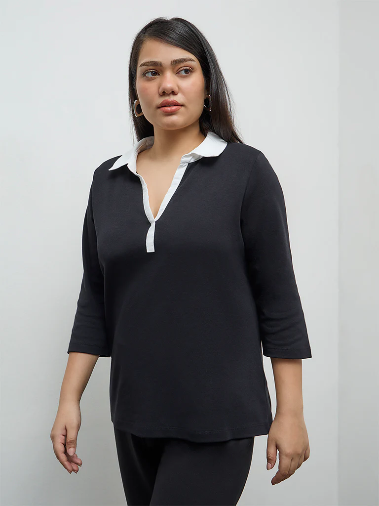 Gia Black Solid Cotton Blouse - Image 2