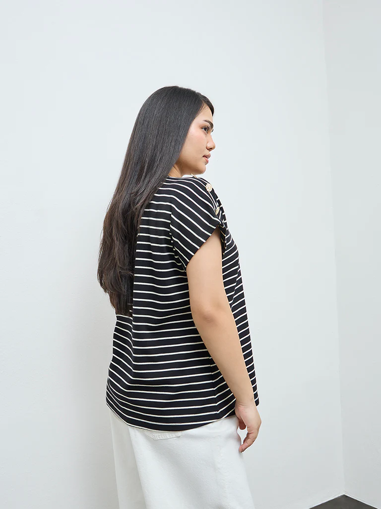 Gia Black Striped Cotton T-Shirt - Image 4