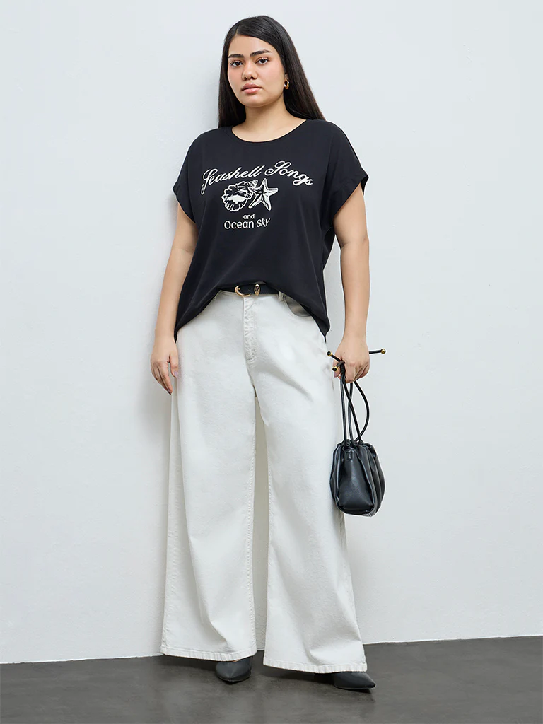 Gia Black Text Printed Cotton T-Shirt - Image 2