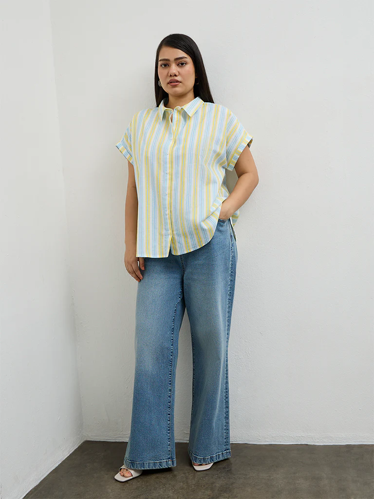 Gia Blue and Yellow Striped Cotton-Blend Shirt - Image 2