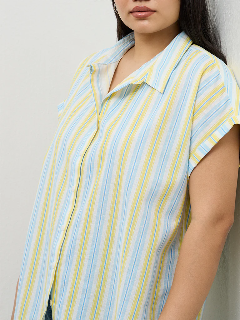 Gia Blue and Yellow Striped Cotton-Blend Shirt - Image 3