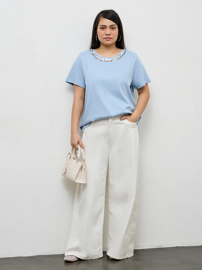 Gia Blue Embellished Cotton T-Shirt - Image 2