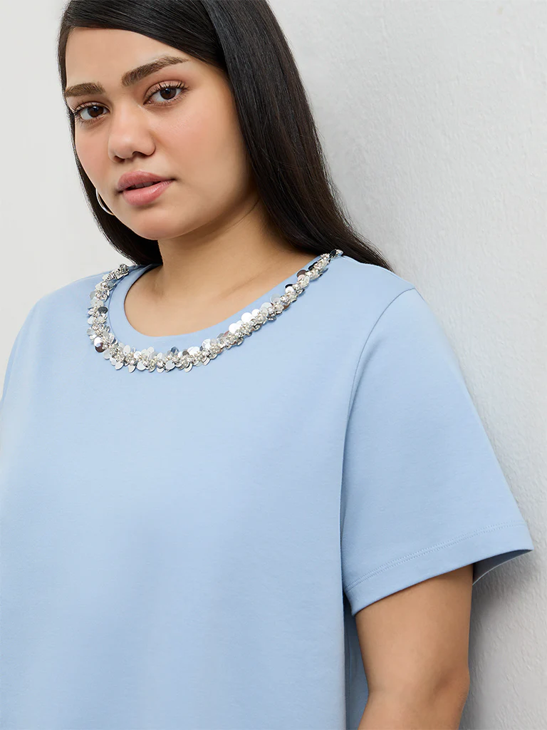 Gia Blue Embellished Cotton T-Shirt - Image 3