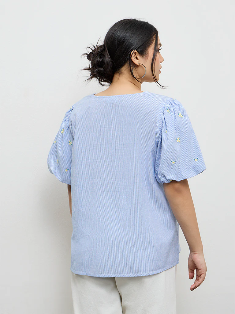 Gia Blue Floral Embroidered Cotton Blouse - Image 4