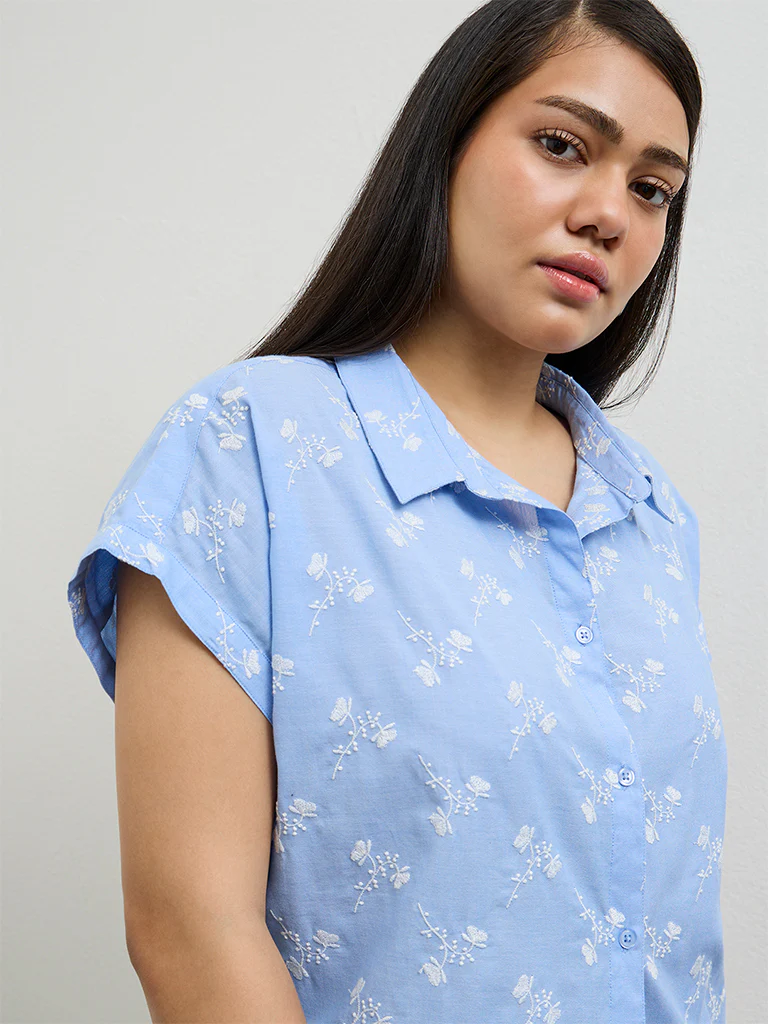 Gia Blue Floral Embroidered Cotton Shirt - Image 3