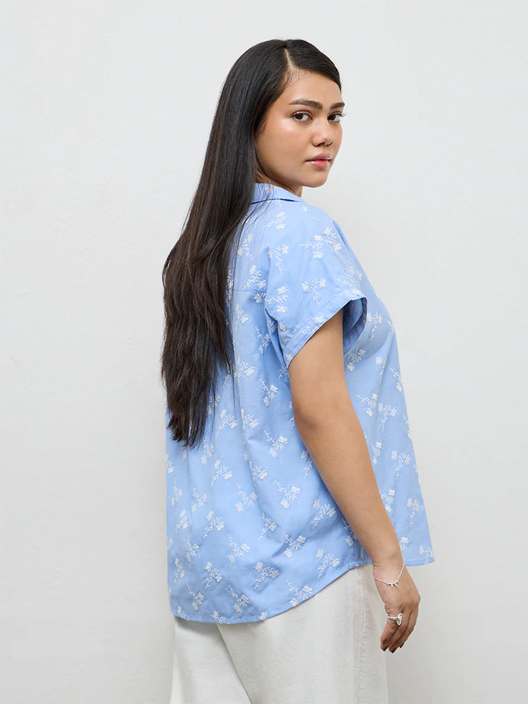 Gia Blue Floral Embroidered Cotton Shirt - Image 4