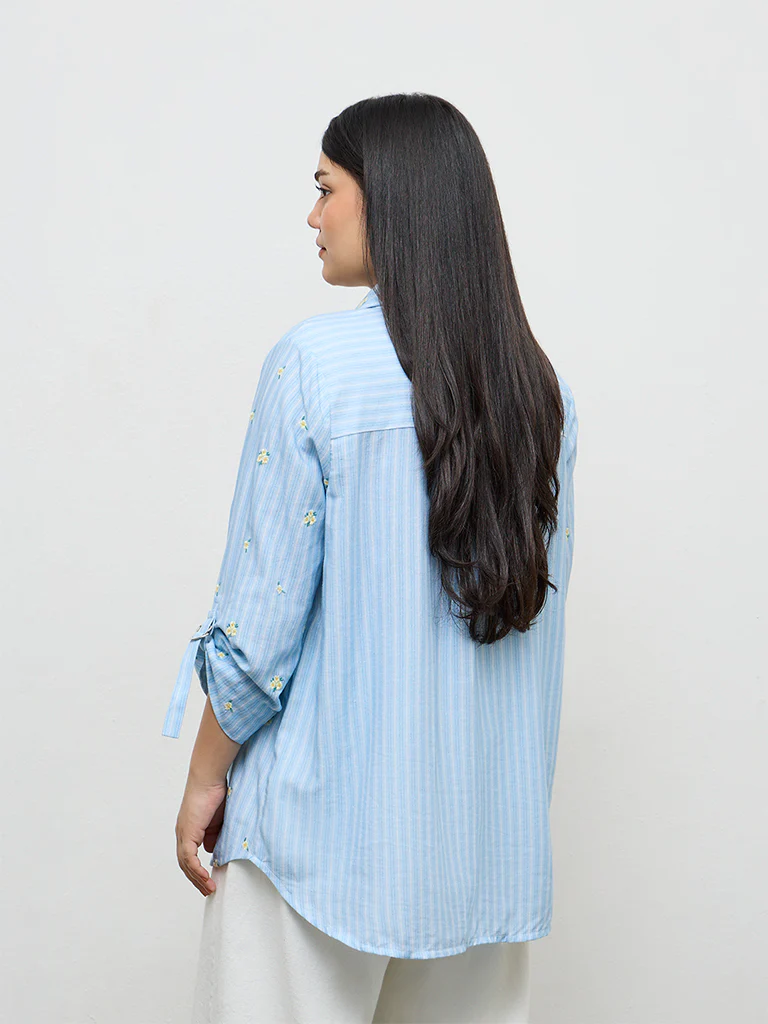 Gia Blue Floral Embroidered Cotton Shirt - Image 4