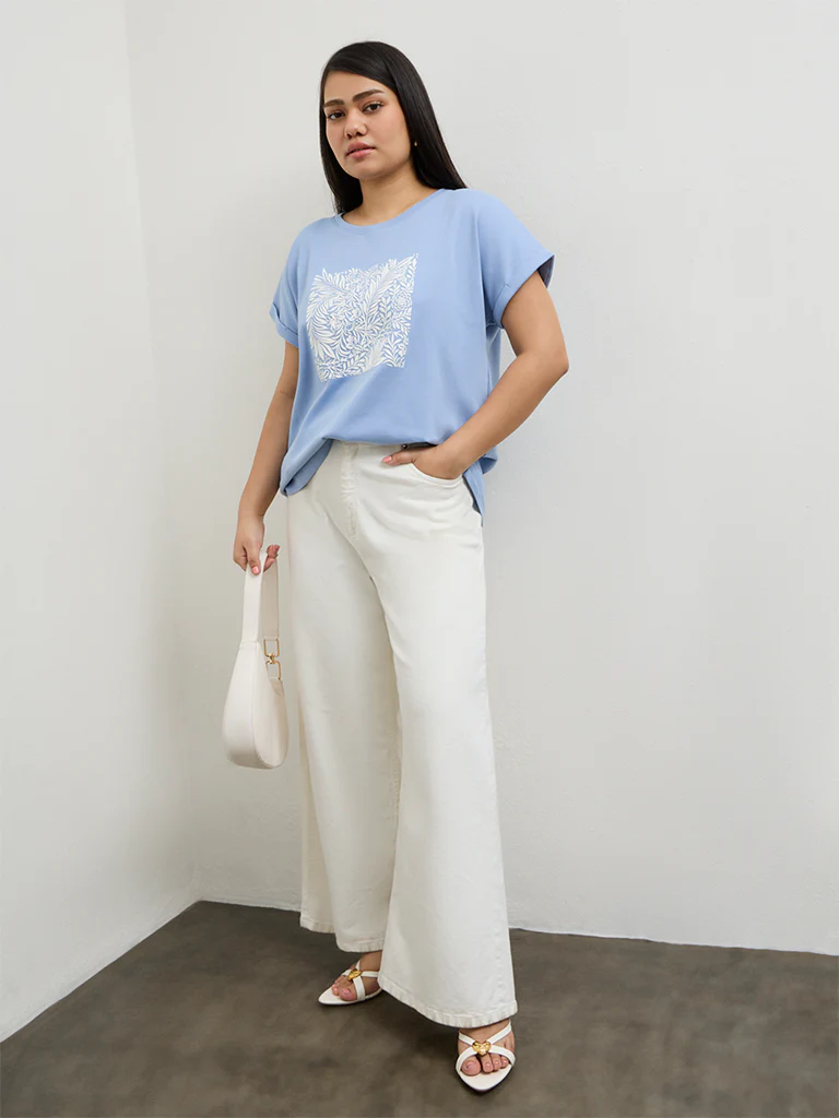 Gia Blue Foliage Printed Cotton T-Shirt - Image 2