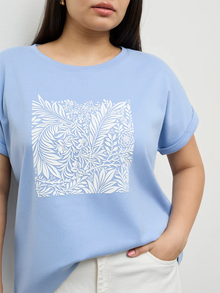 Gia Blue Foliage Printed Cotton T-Shirt - Image 3